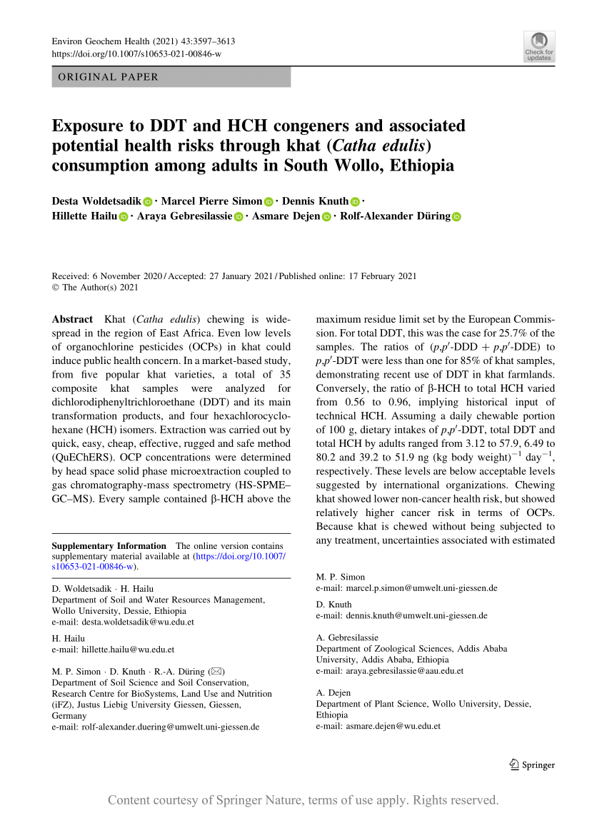 PDF) Exposure to DDT and HCH congeners and associated potential health  risks through khat (Catha edulis) consumption among adults in South Wollo,  Ethiopia