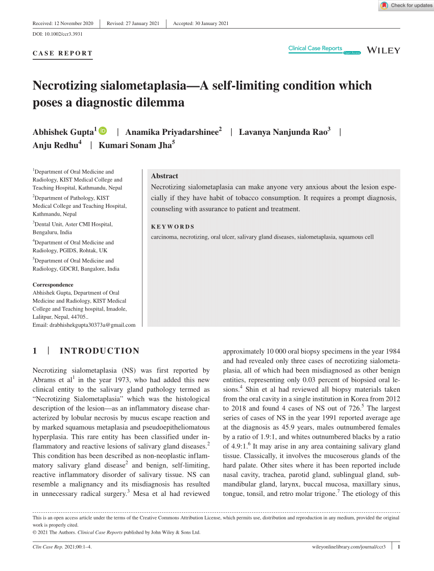 (PDF) Necrotizing sialometaplasia—A self‐limiting condition which poses ...