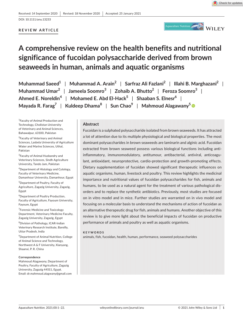 Pdf A Comprehensive Review On The Health Benefits And Nutritional Significance Of Fucoidan Polysaccharide Derived From Brown Seaweeds In Human Animals And Aquatic Organisms