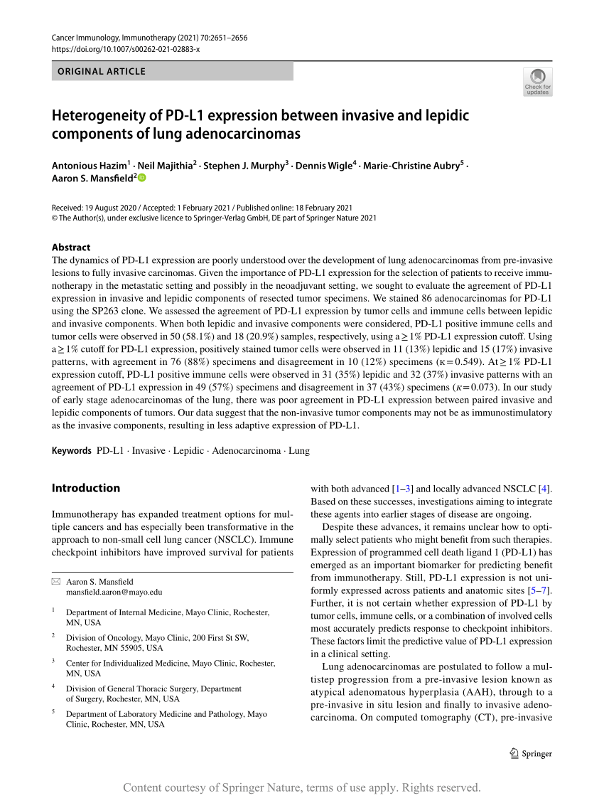 Heterogeneity Of Pd L1 Expression Between Invasive And Lepidic Components Of Lung Adenocarcinomas Request Pdf