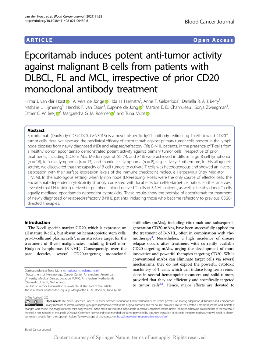 Pdf Epcoritamab Induces Potent Anti Tumor Activity Against Malignant B Cells From Patients With Dlbcl Fl And Mcl Irrespective Of Prior Cd Monoclonal Antibody Treatment