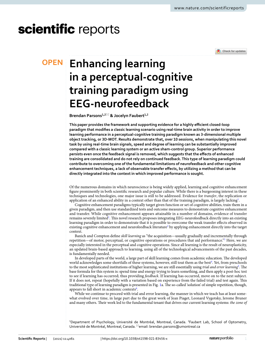 PDF Enhancing learning in a perceptual cognitive training