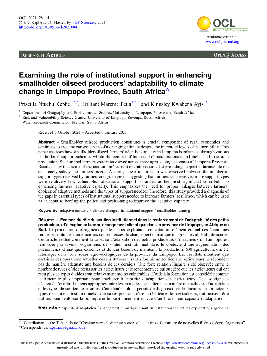 Pdf Examining The Role Of Institutional Support In Enhancing Smallholder Oilseed Producers Adaptability To Climate Change In Limpopo Province South Africa