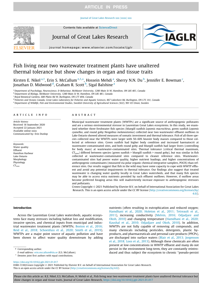 PDF) Fish living near two wastewater treatment plants have