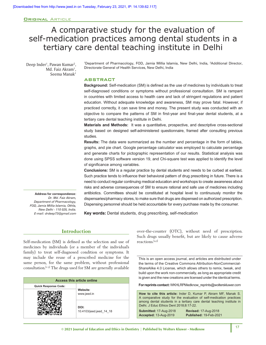 Pdf A Comparative Study For The Evaluation Of Self Medication Practices Among Dental Students In A Tertiary Care Dental Teaching Institute In Delhi