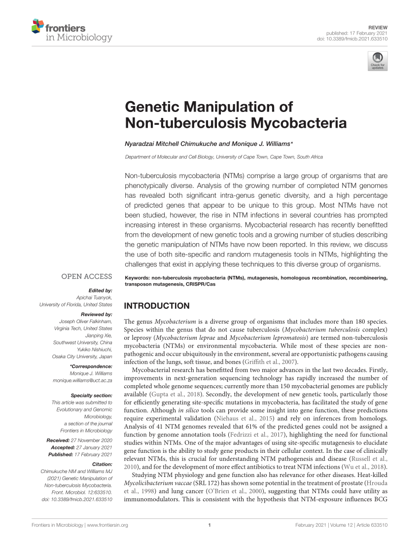 (PDF) Genetic Manipulation of Non-tuberculosis Mycobacteria