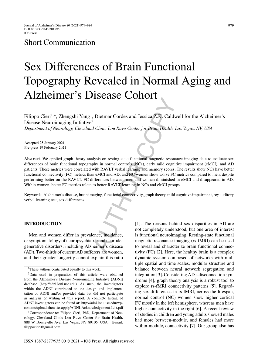 Pdf Sex Differences Of Brain Functional Topography Revealed In Normal Aging And Alzheimers 