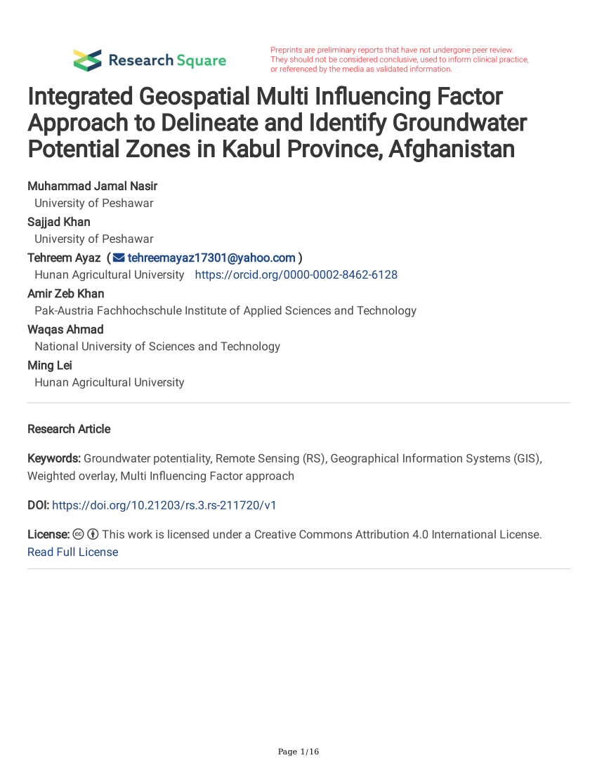PDF) Integrated Geospatial Multi Influencing Factor Approach to Delineate and Identify Groundwater Potential Zones in Kabul Province, Afghanistan