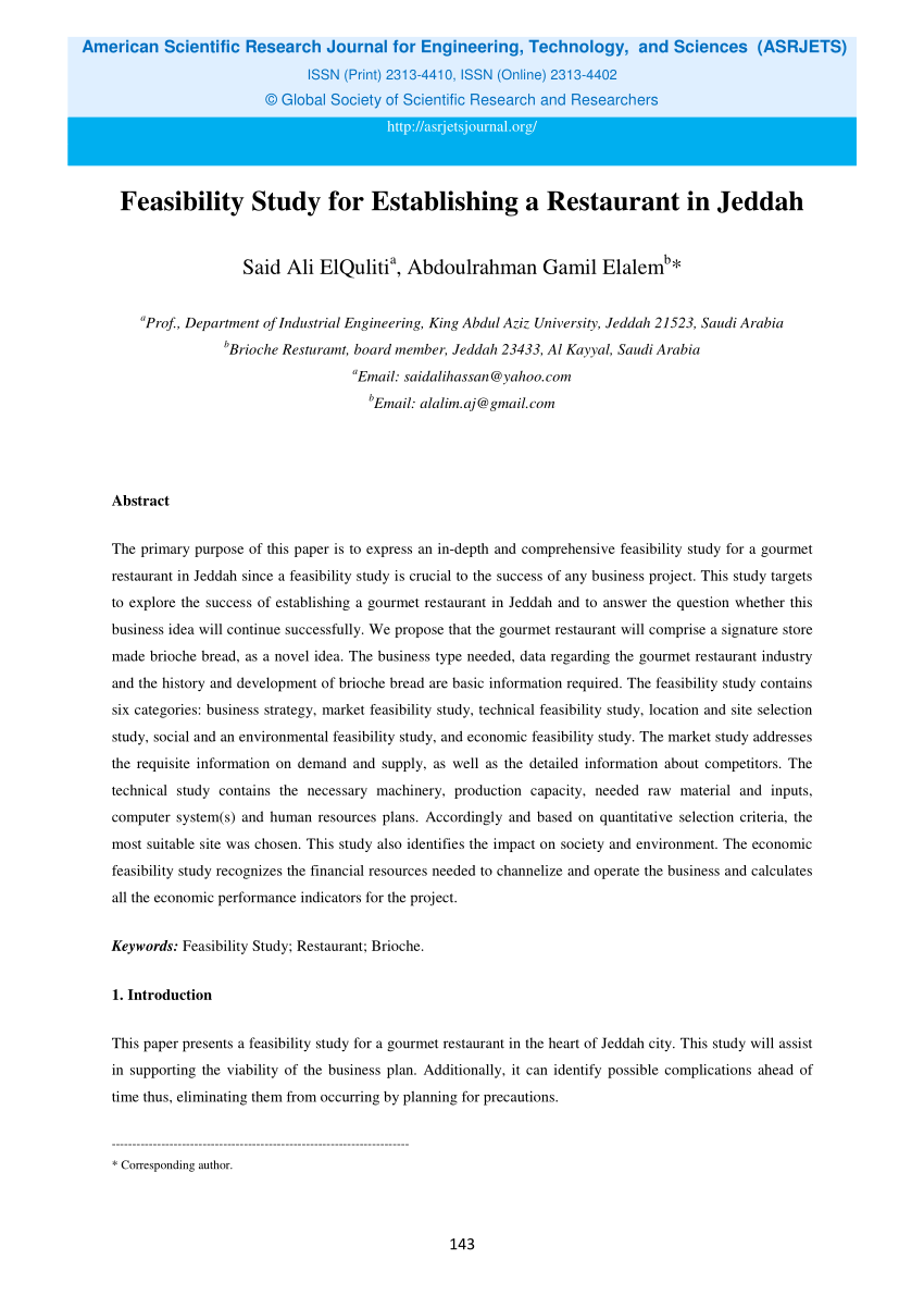 PDF) Feasibility Study for Establishing a Restaurant in Jeddah Regarding Technical Feasibility Report Template