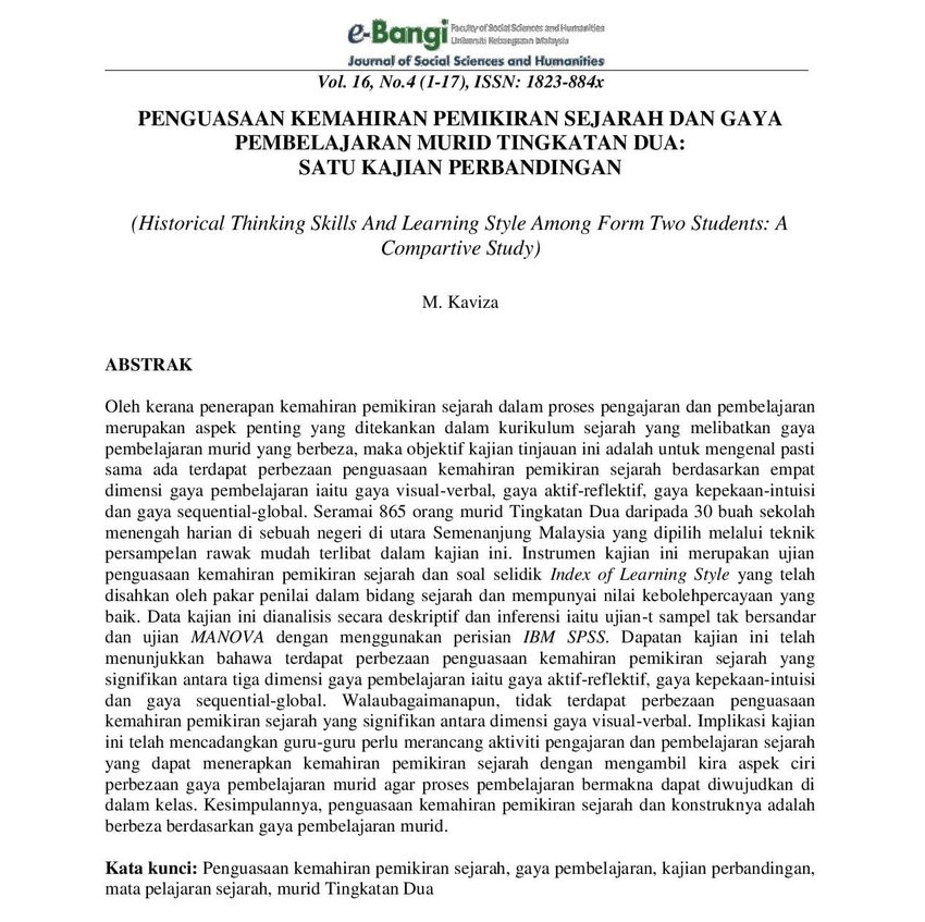 Pdf Penguasaan Kemahiran Pemikiran Sejarah Dan Gaya Pembelajaran My