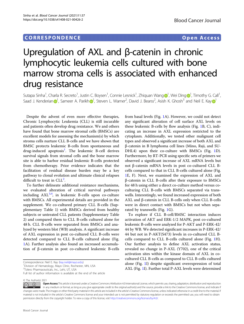 Pdf Upregulation Of Axl And B Catenin In Chronic Lymphocytic Leukemia Cells Cultured With Bone Marrow Stroma Cells Is Associated With Enhanced Drug Resistance