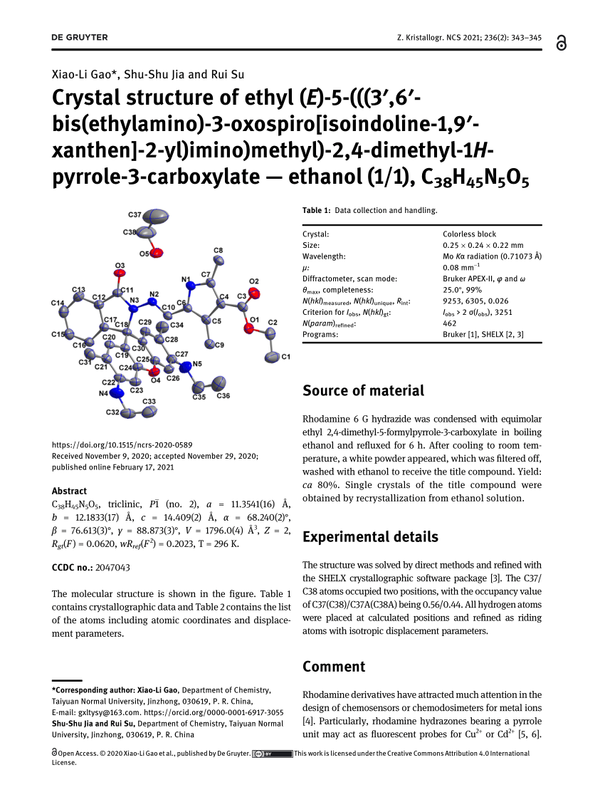 Pdf Crystal Structure Of Ethyl E 5 3 6 Bis Ethylamino 3 Oxospiro Isoindoline 1 9 Xanthen 2 Yl Imino Methyl 2 4 Dimethyl 1 H Pyrrole 3 Carboxylate Ethanol 1 1 C 38 H 45 N 5 O 5