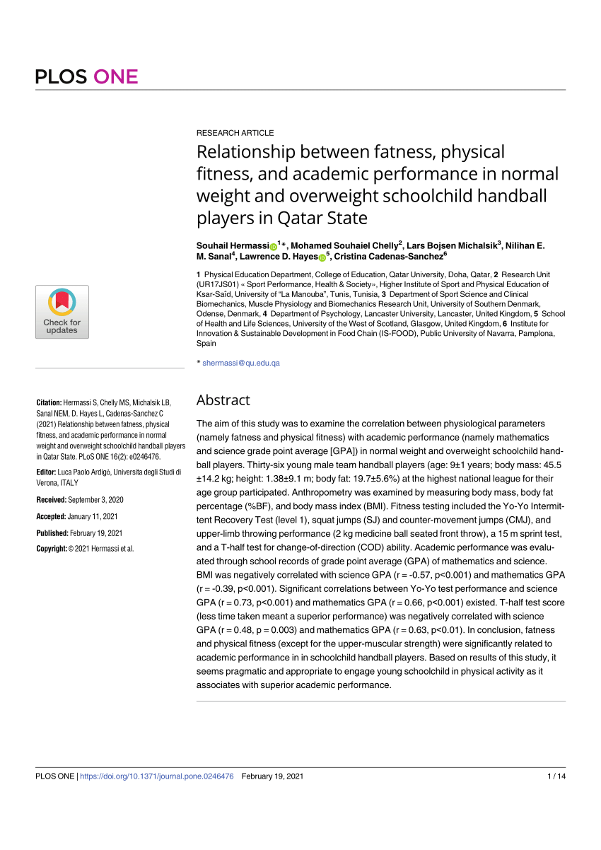 Pdf Relationship Between Fatness Physical Fitness And Academic Performance In Normal Weight And Overweight Schoolchild Handball Players In Qatar State