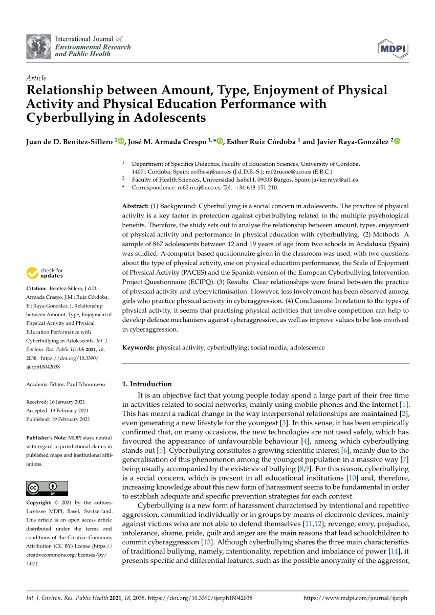 Pdf Relationship Between Amount Type Enjoyment Of Physical Activity And Physical Education Performance With Cyberbullying In Adolescents