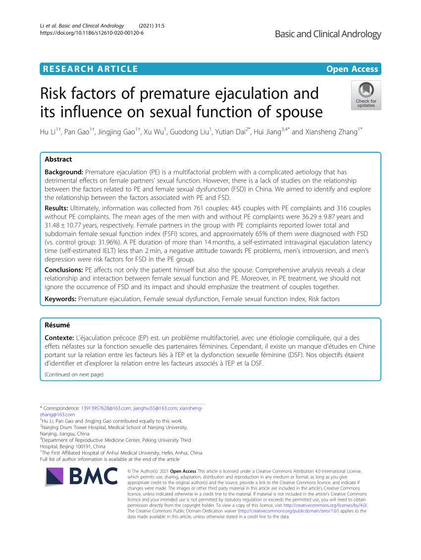 PDF Risk factors of premature ejaculation and its influence on