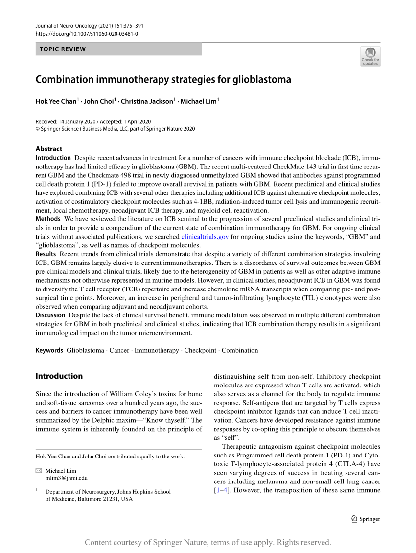 Combination immunotherapy strategies for glioblastoma Request PDF