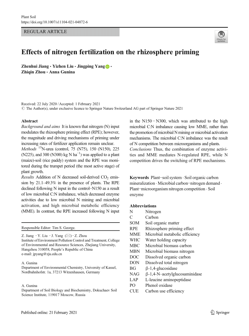 Pdf Effects Of Nitrogen Fertilization On The Rhizosphere Priming