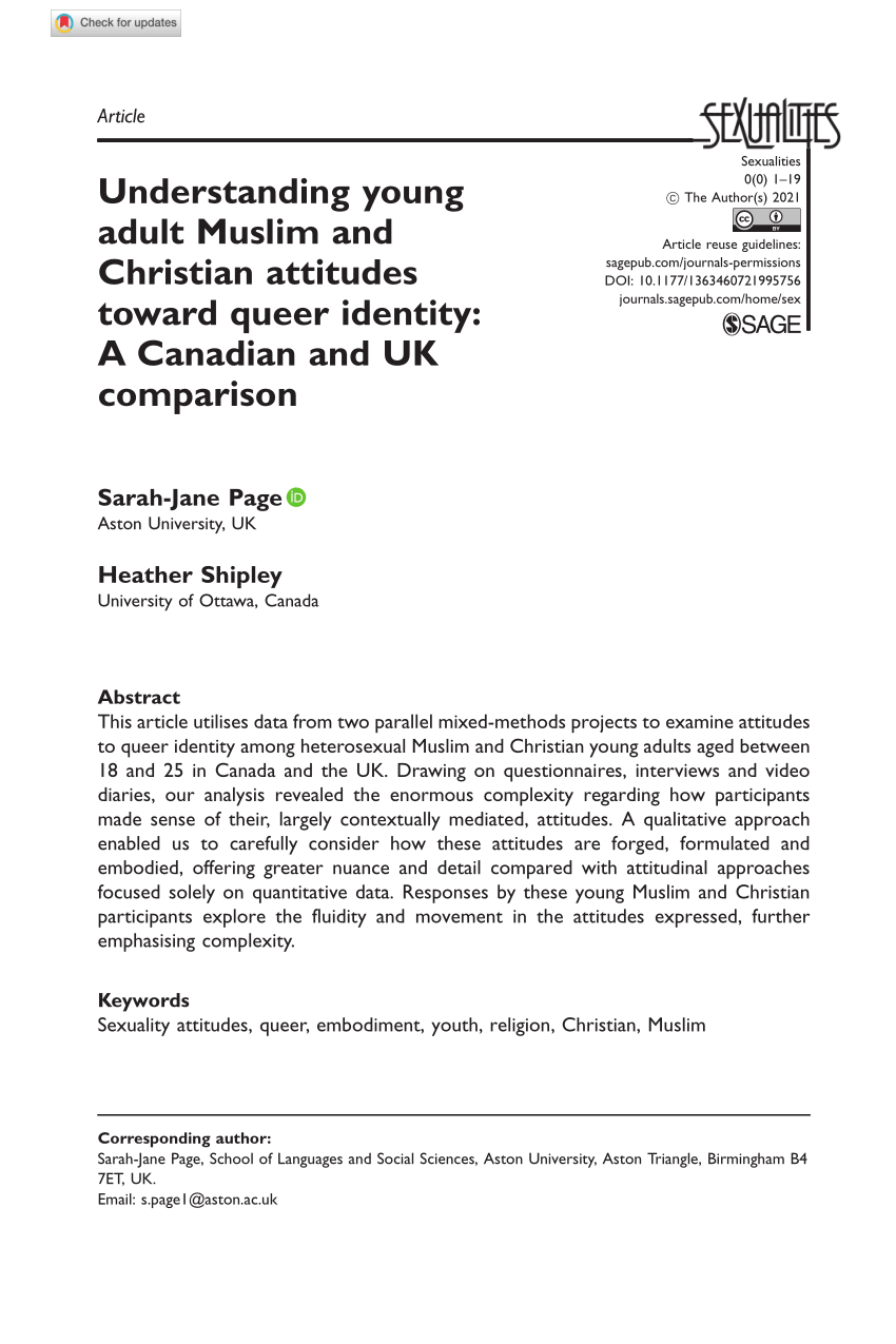 PDF) Understanding young adult Muslim and Christian attitudes toward queer identity A Canadian and UK comparison