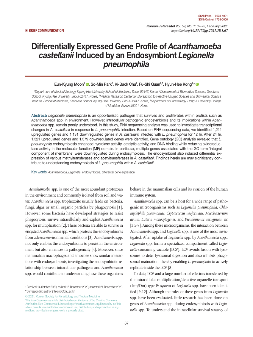 Pdf Differentially Expressed Gene Profile Of Acanthamoeba Castellanii Induced By An Endosymbiont Legionella Pneumophila