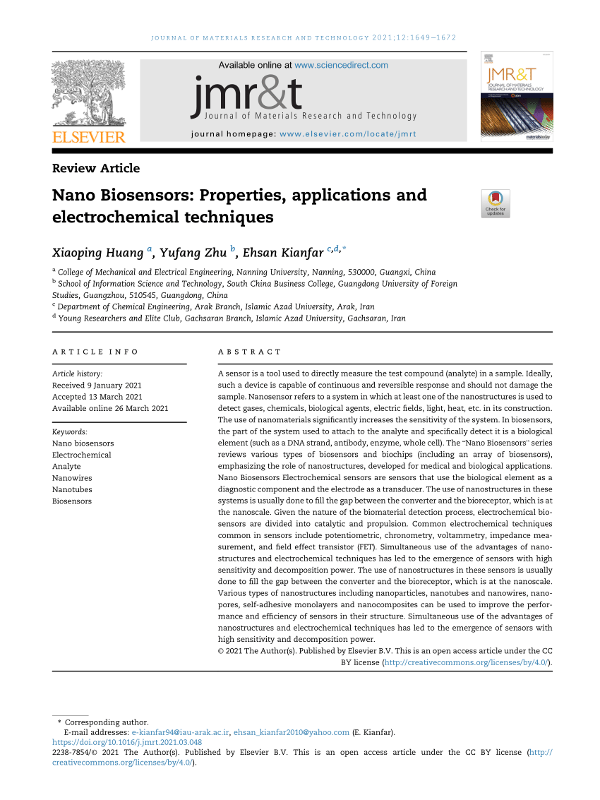 PDF Nano Biosensors properties applications and Electrochemical