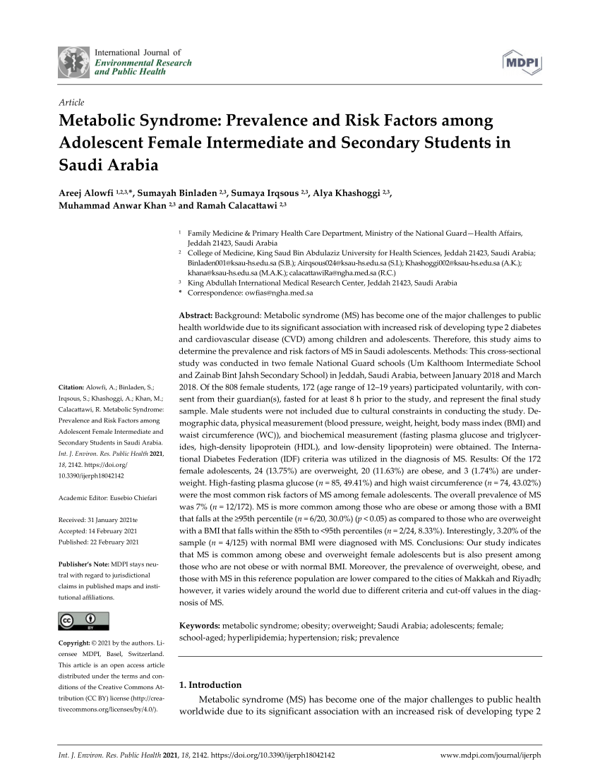 Pdf Metabolic Syndrome Prevalence And Risk Factors Among Adolescent Female Intermediate And