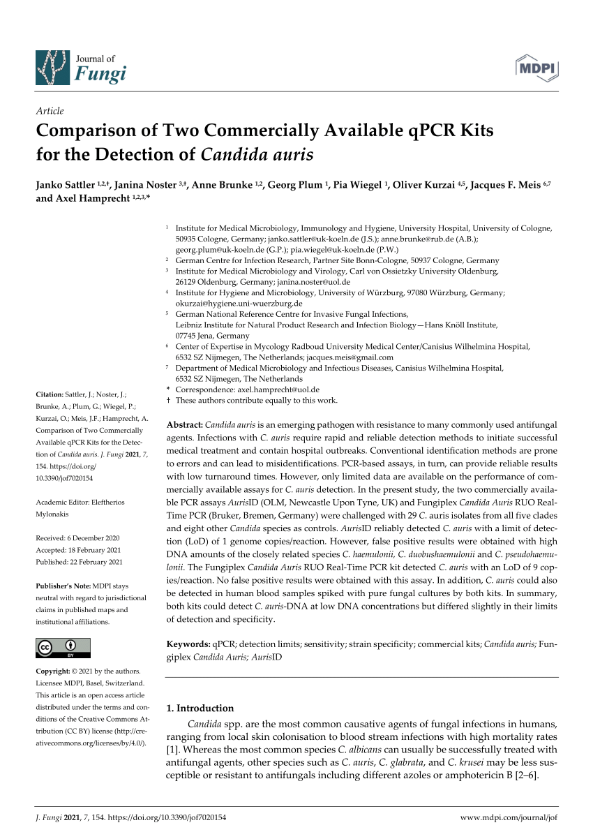 Pdf Comparison Of Two Commercially Available Qpcr Kits For The Detection Of Candida Auris