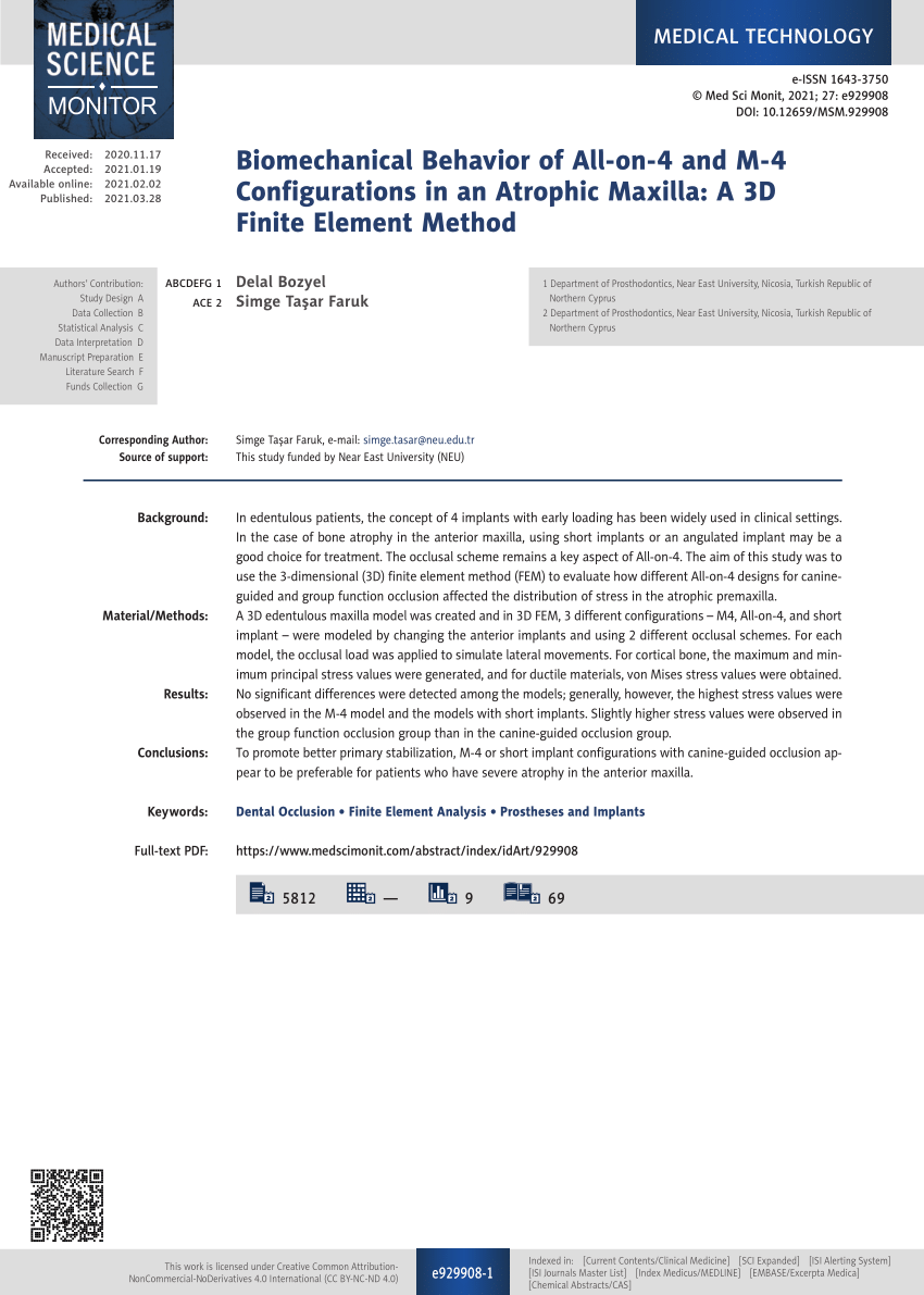 Medical Science Monitor  Biomechanical Behavior of All-on-4 and M-4  Configurations in an Atrophic Maxilla: A 3D Finite Element Method - Article  abstract #929908