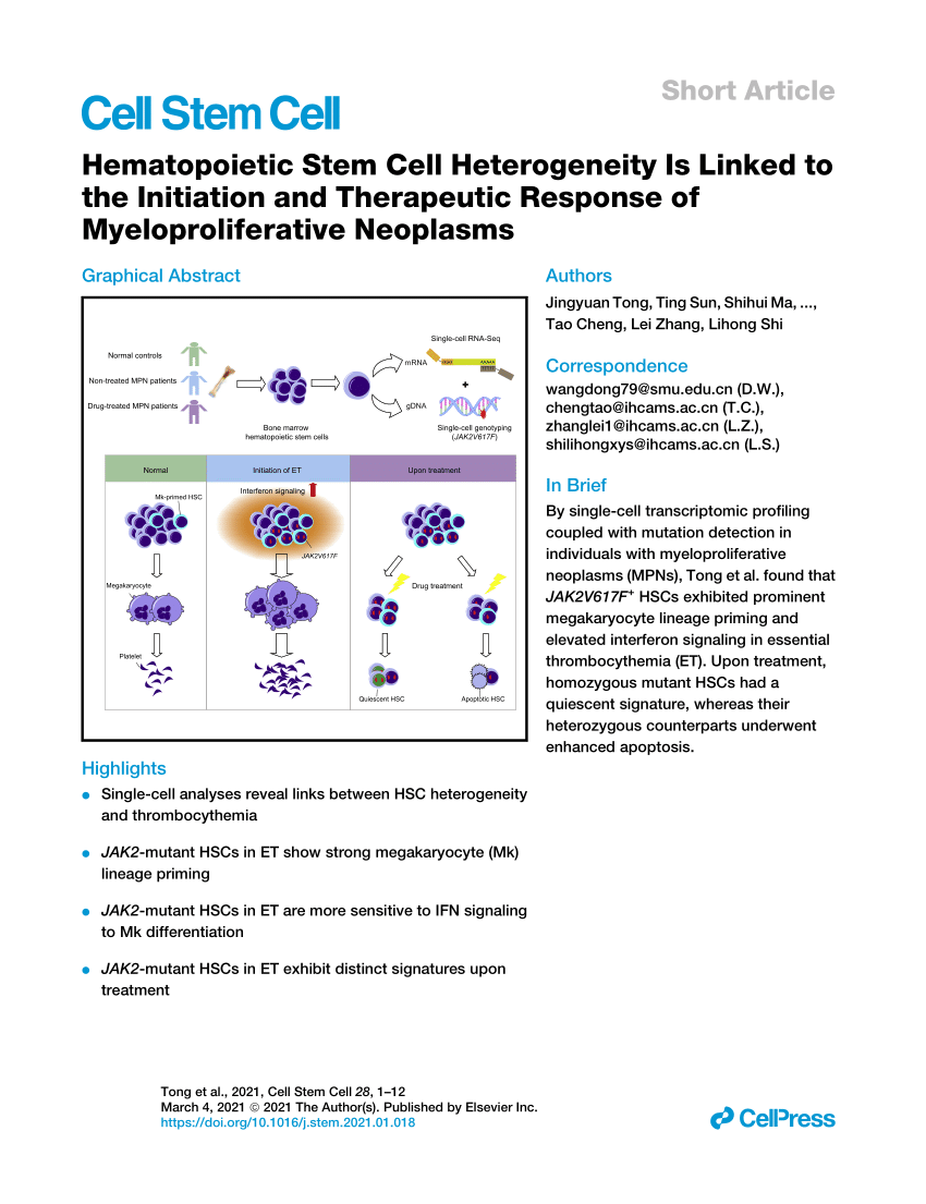Pdf Hematopoietic Stem Cell Heterogeneity Is Linked To The Initiation And Therapeutic Response Of Myeloproliferative Neoplasms