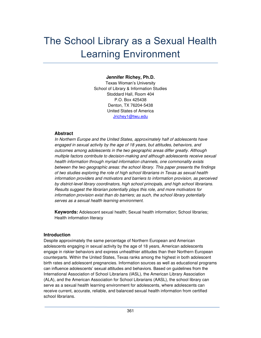 PDF The School Library as a Sexual Health Learning Environment