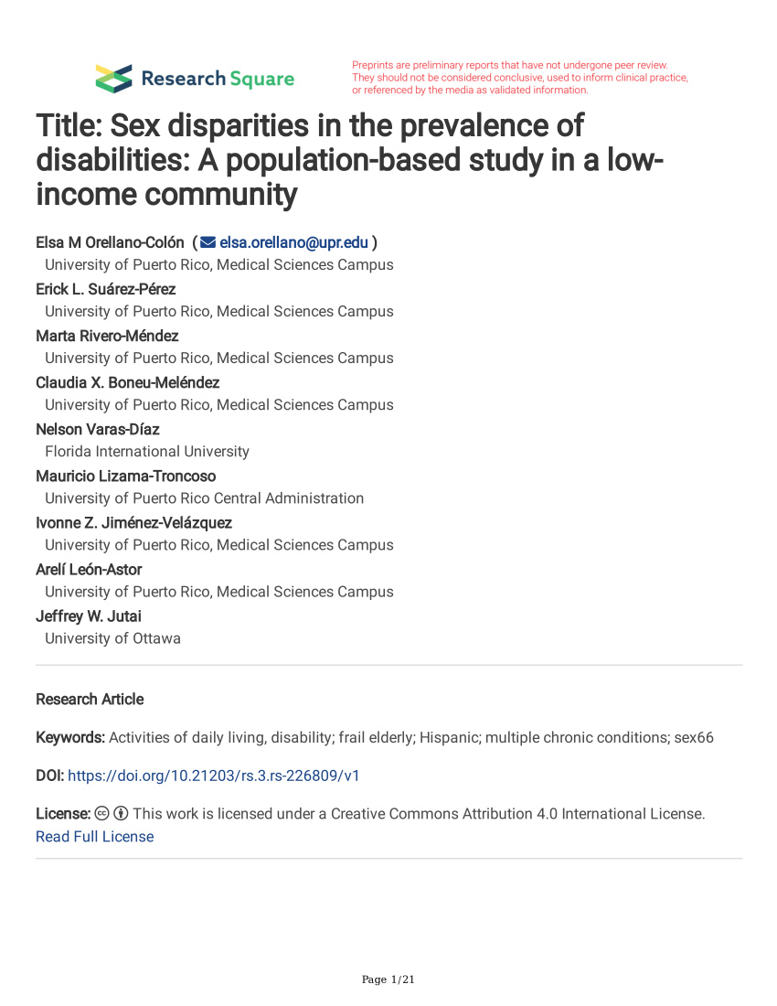 Pdf Title Sex Disparities In The Prevalence Of Disabilities A