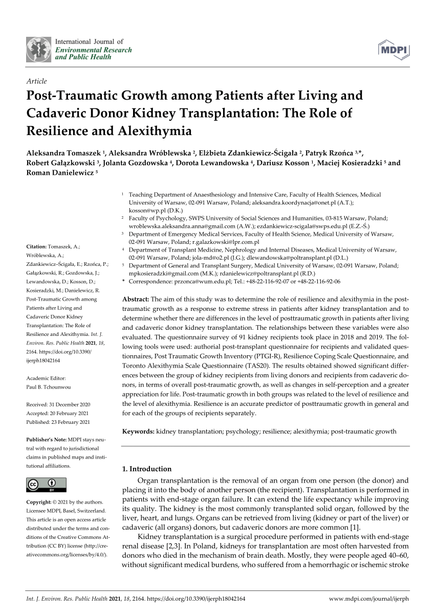 Pdf Post Traumatic Growth Among Patients After Living And Cadaveric Donor Kidney Transplantation The Role Of Resilience And Alexithymia