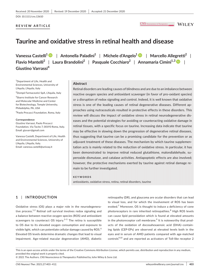 Taurine and oxidative stress in retinal health and disease - Castelli -  2021 - CNS Neuroscience & Therapeutics - Wiley Online Library