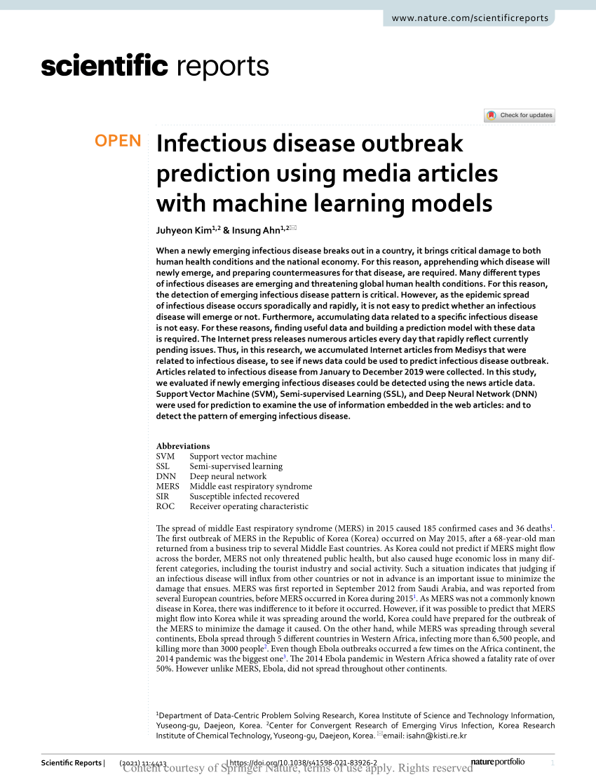 (PDF) Infectious disease outbreak prediction using media articles with machine learning models