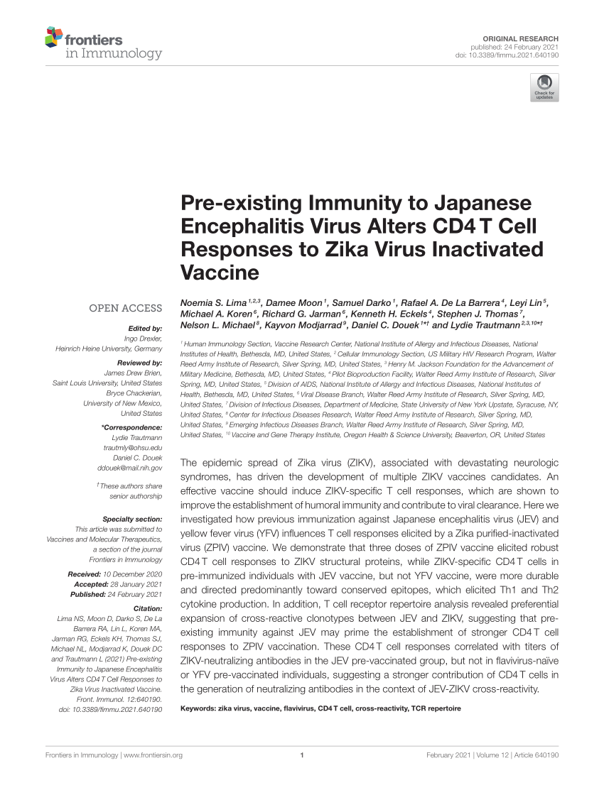 Pdf Pre Existing Immunity To Japanese Encephalitis Virus Alters Cd4 T Cell Responses To Zika Virus Inactivated Vaccine