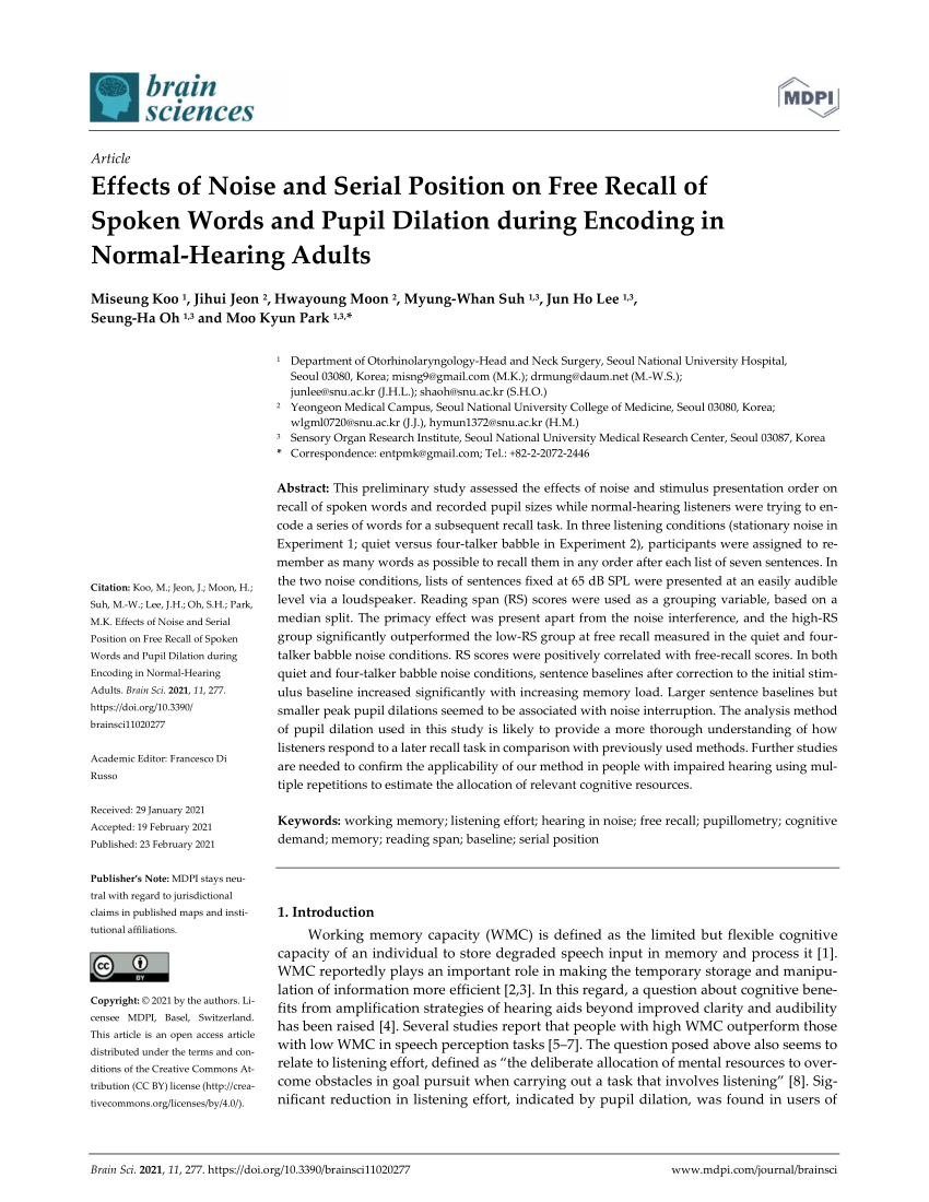 Pdf Effects Of Noise And Serial Position On Free Recall Of Spoken Words And Pupil Dilation During Encoding In Normal Hearing Adults