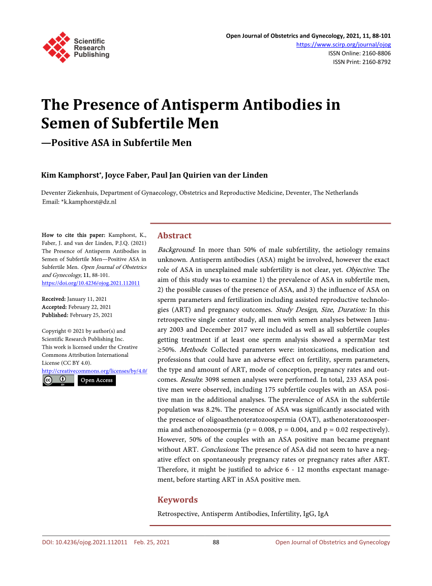 PDF) The Presence of Antisperm Antibodies in Semen of Subfertile Men—Positive ASA in Subfertile Men