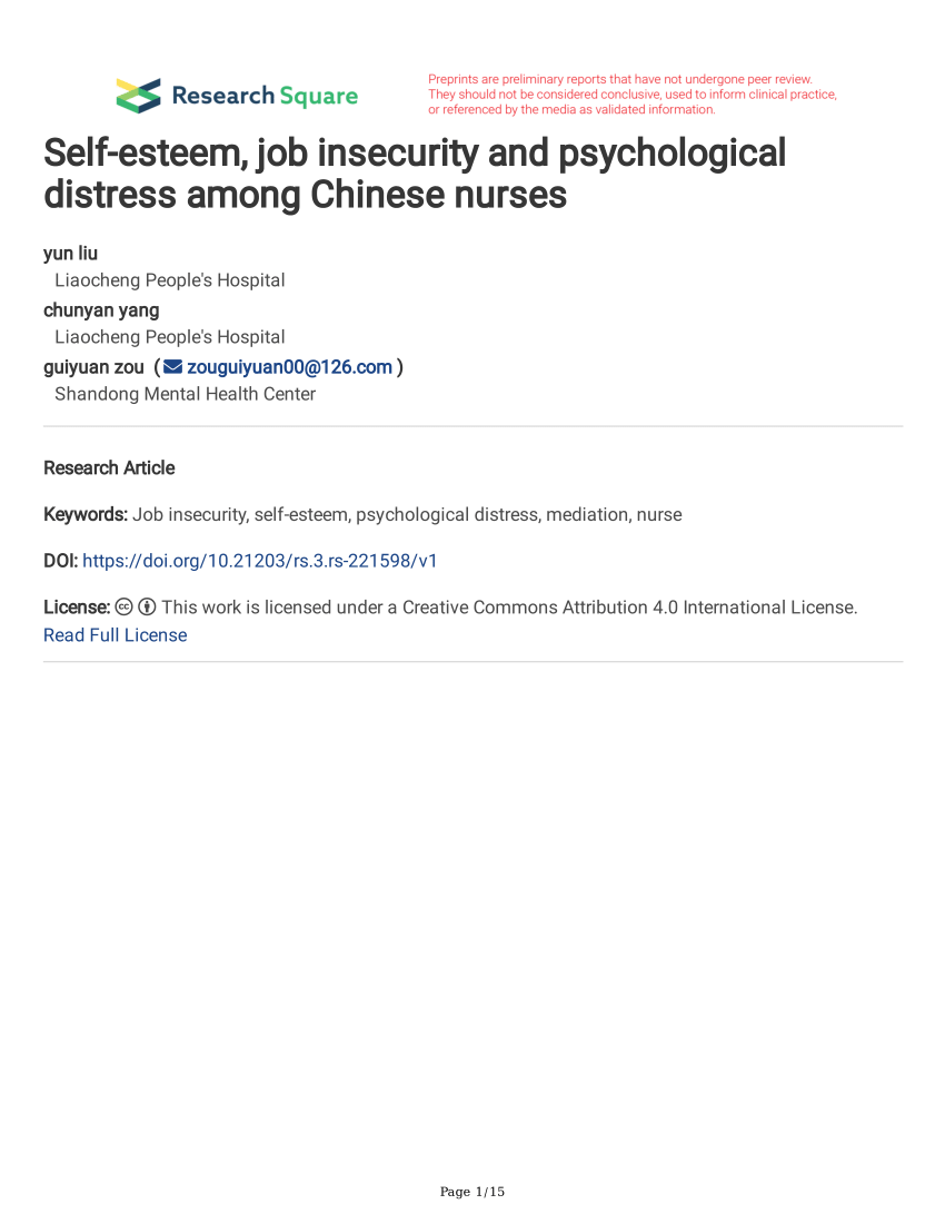 Pdf Self Esteem Job Insecurity And Psychological Distress Among Chinese Nurses