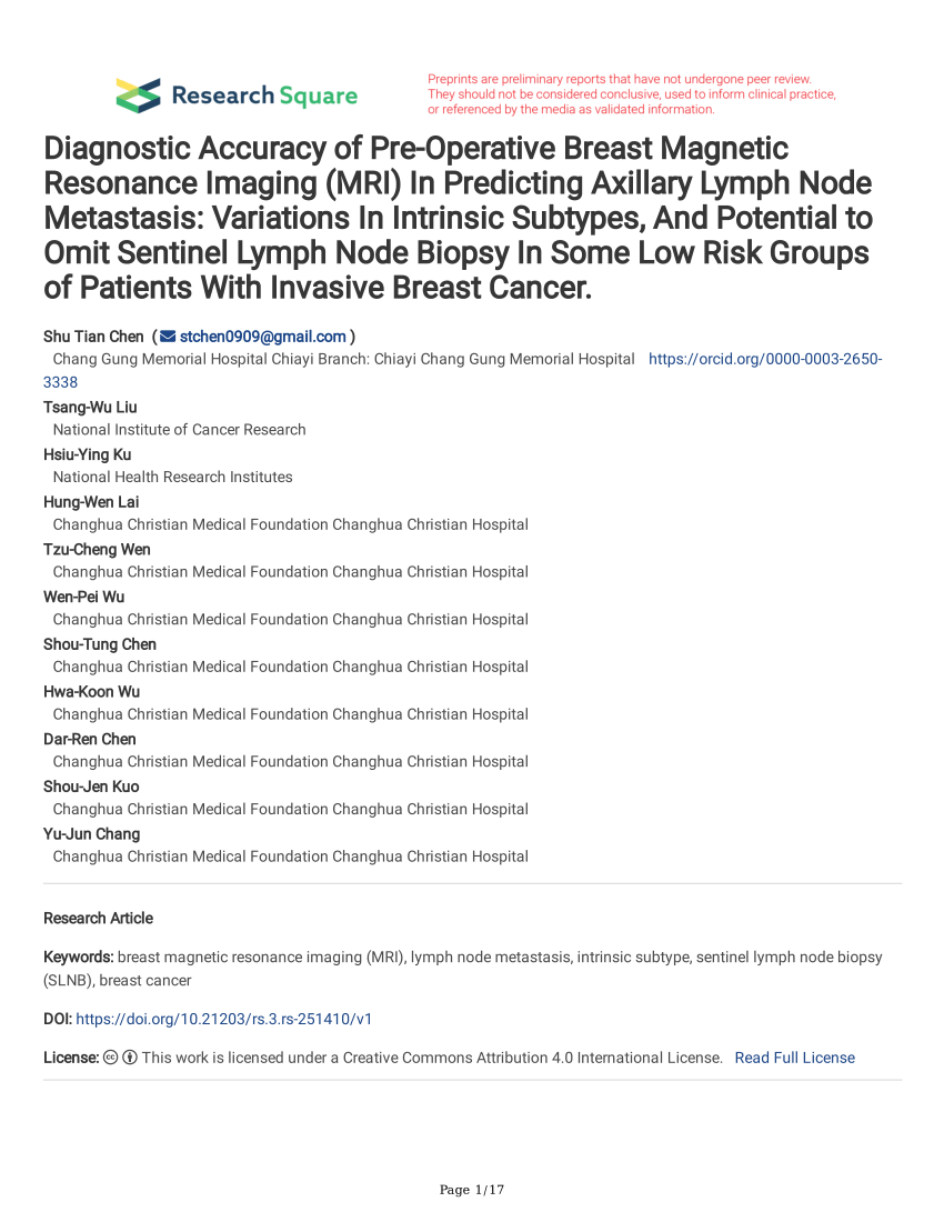 Pdf Diagnostic Accuracy Of Pre Operative Breast Magnetic Resonance Imaging Mri In Predicting 