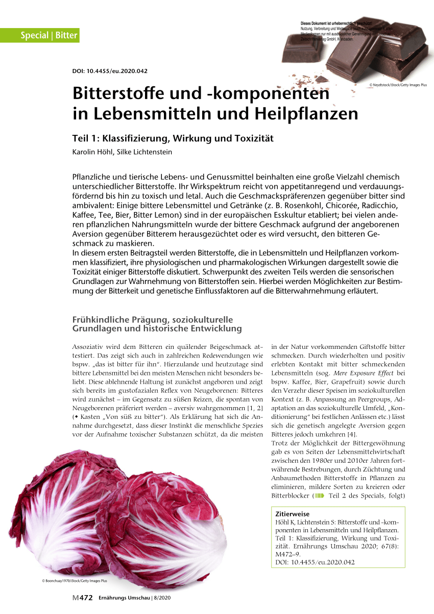 PDF) Bitterstoffe und -komponenten in Lebensmitteln und Heilpflanzen. Teil  1: Klassifizierung, Wirkung und Toxizität.