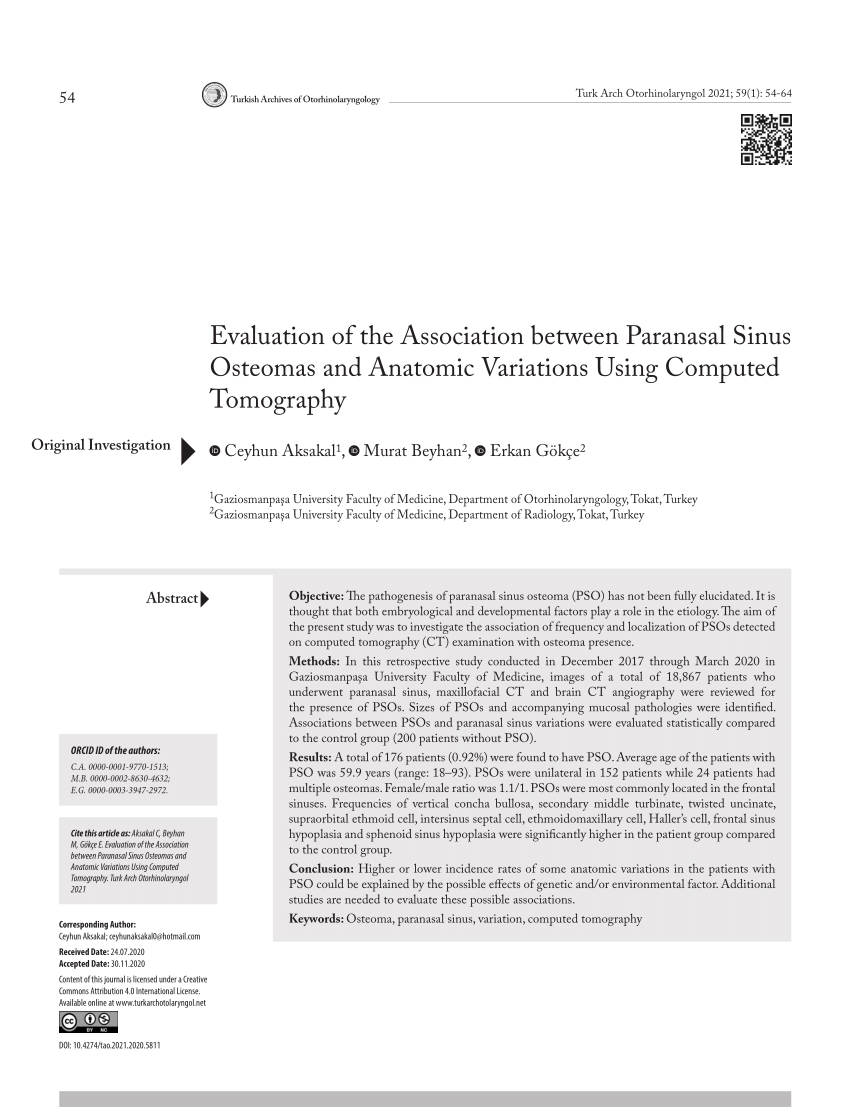 Pdf Evaluation Of The Association Between Paranasal Sinus Osteomas And Anatomic Variations 