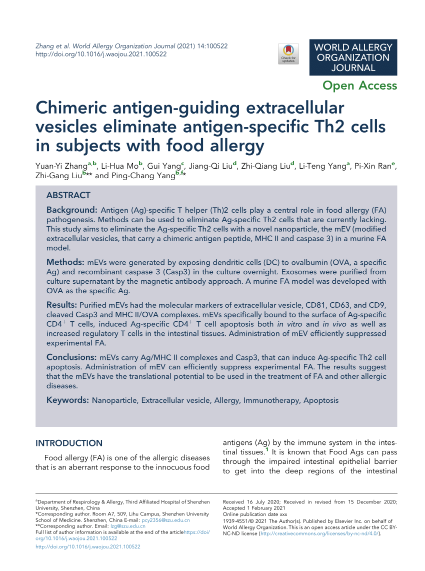 PDF) Chimeric antigen-guiding extracellular vesicles eliminate  antigen-specific Th2 cells in subjects with food allergy