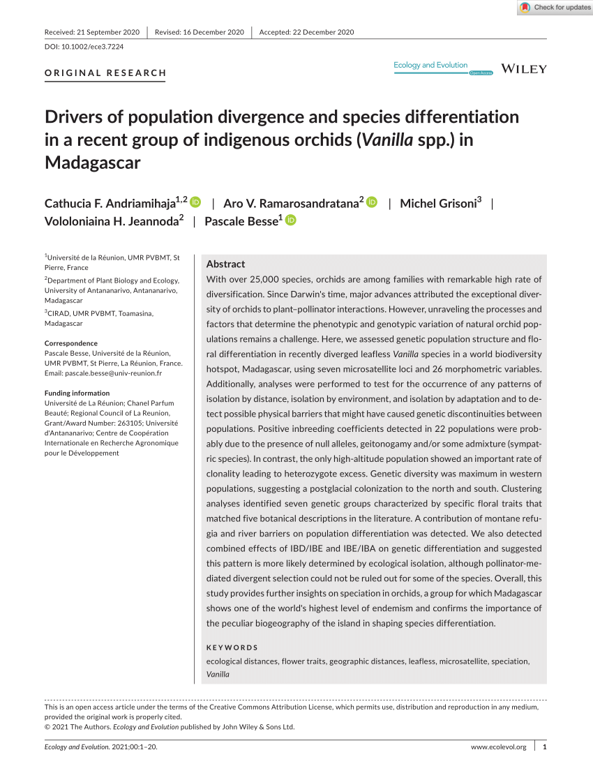Pdf Drivers Of Population Divergence And Species Differentiation In A Recent Group Of Indigenous Orchids Vanilla Spp In Madagascar