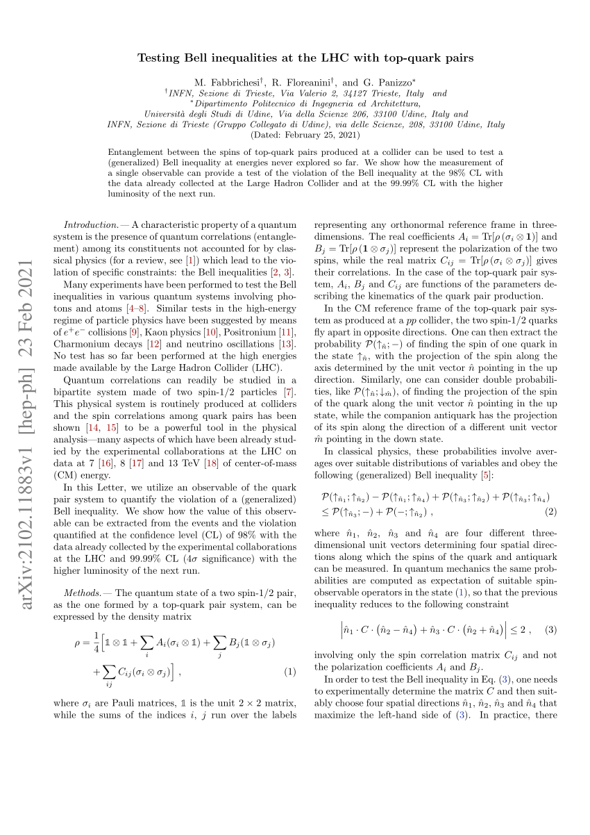 Pdf Testing Bell Inequalities At The Lhc With Top Quark Pairs