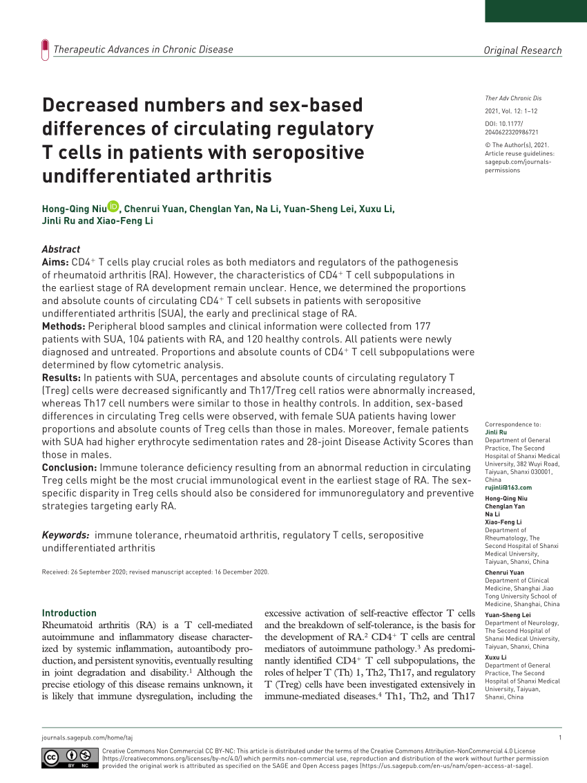 PDF) Decreased numbers and sex-based differences of circulating regulatory  T cells in patients with seropositive undifferentiated arthritis