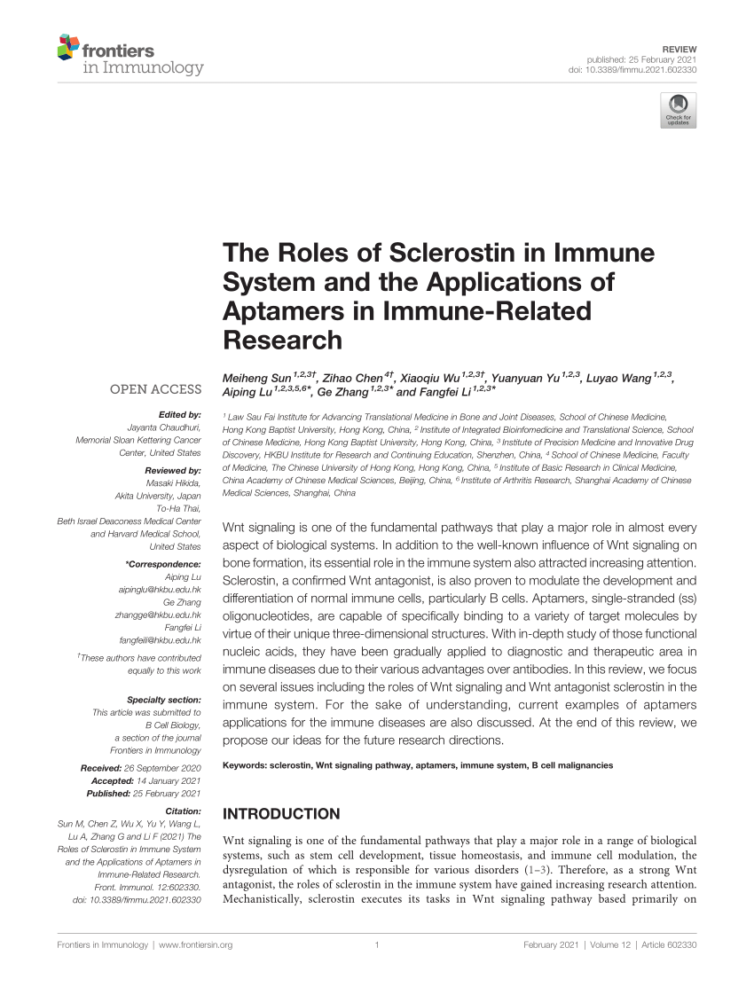 Pdf The Roles Of Sclerostin In Immune System And The Applications Of Aptamers In Immune Related Research