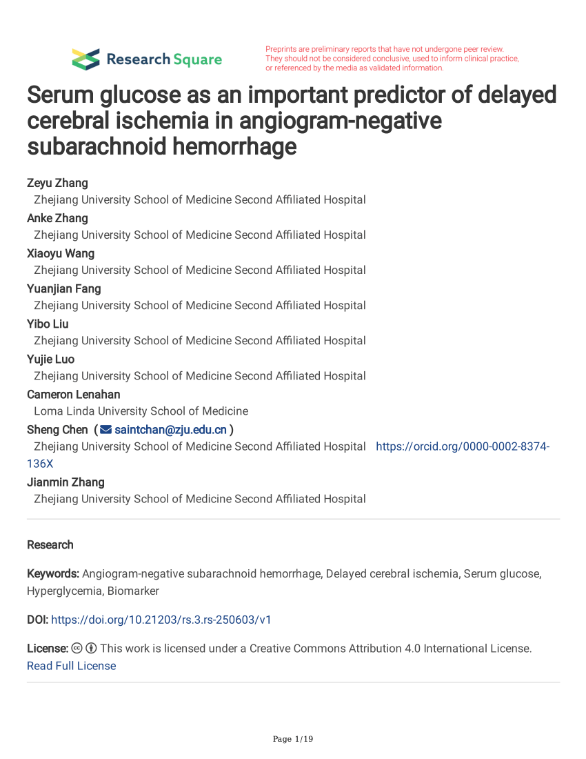 Pdf Serum Glucose As An Important Predictor Of Delayed Cerebral Ischemia In Angiogram Negative 4542
