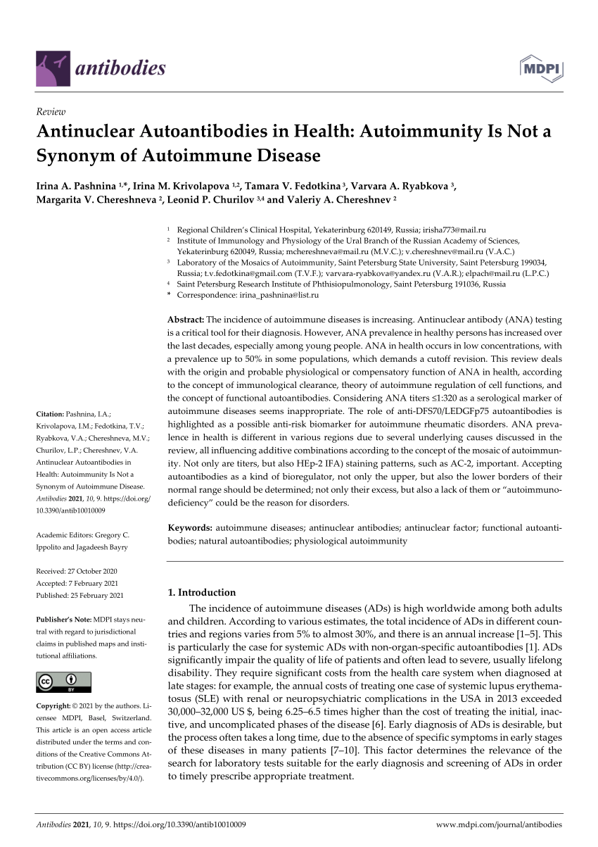 Pdf Antinuclear Autoantibodies In Health Autoimmunity Is Not A Synonym Of Autoimmune Disease
