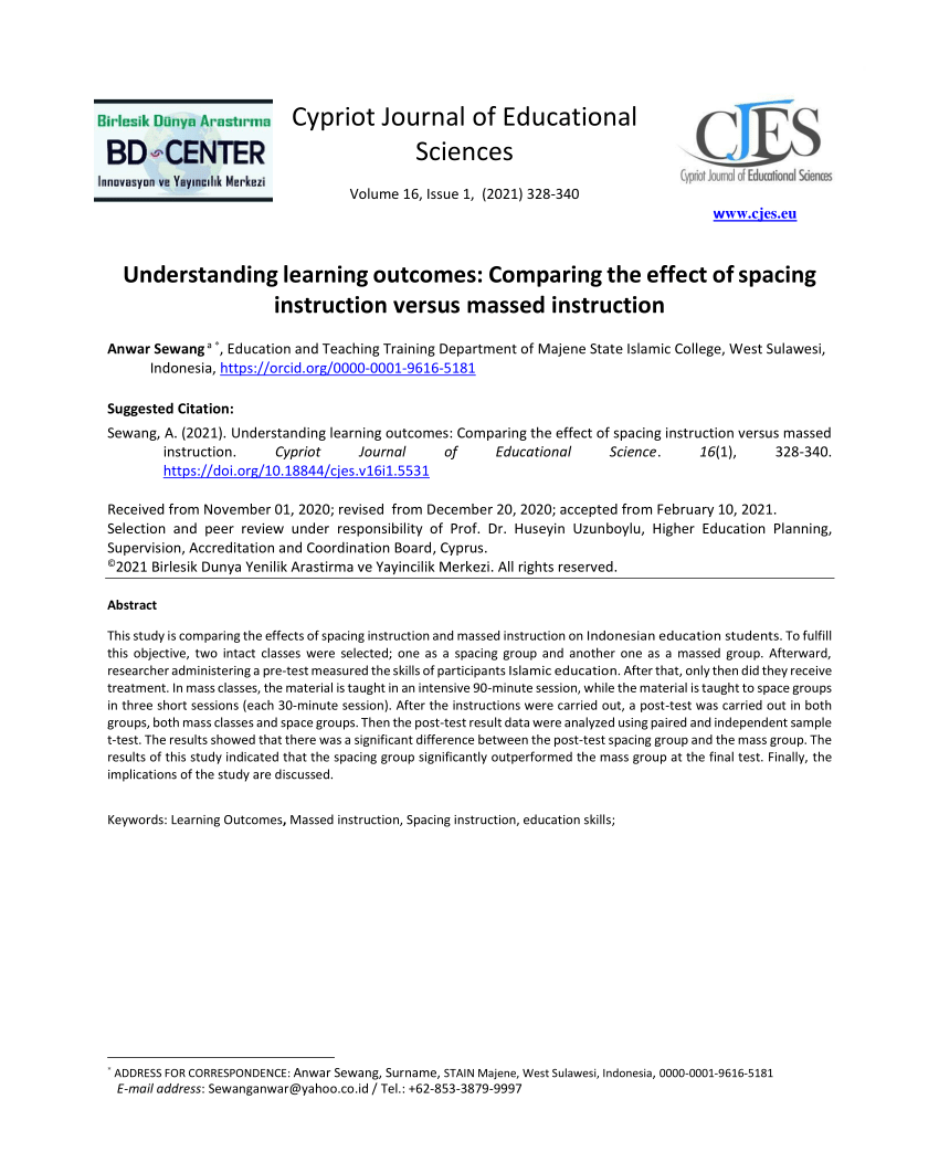 Pdf Understanding Learning Outcomes Comparing The Effect Of Spacing Instruction Versus Massed Instruction