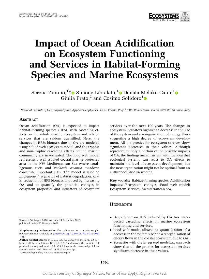 Pdf Impact Of Ocean Acidification On Ecosystem Functioning And Services In Habitat Forming Species And Marine Ecosystems