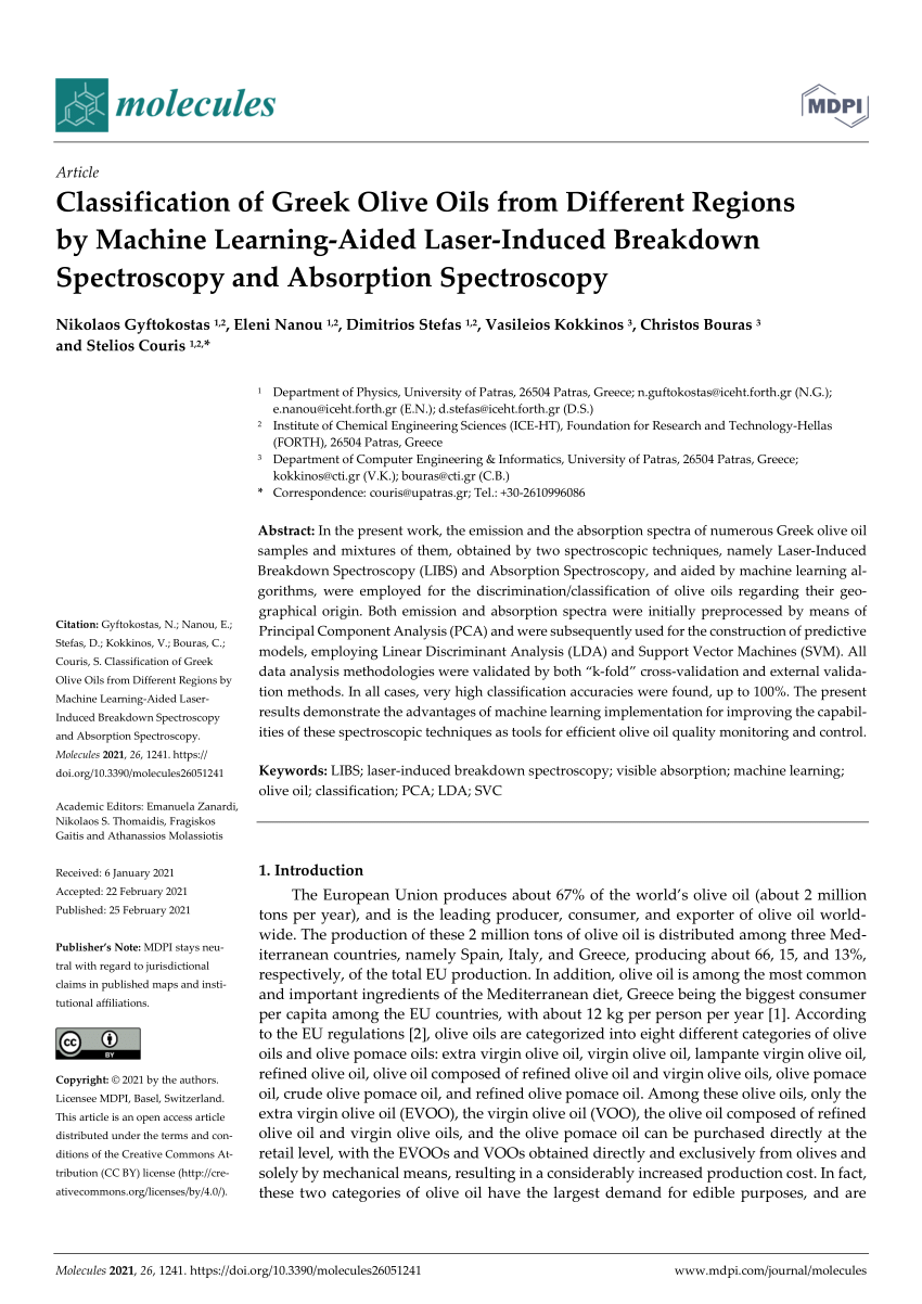 Pdf Classification Of Greek Olive Oils From Different Regions By Machine Learning Aided Laser Induced Breakdown Spectroscopy And Absorption Spectroscopy